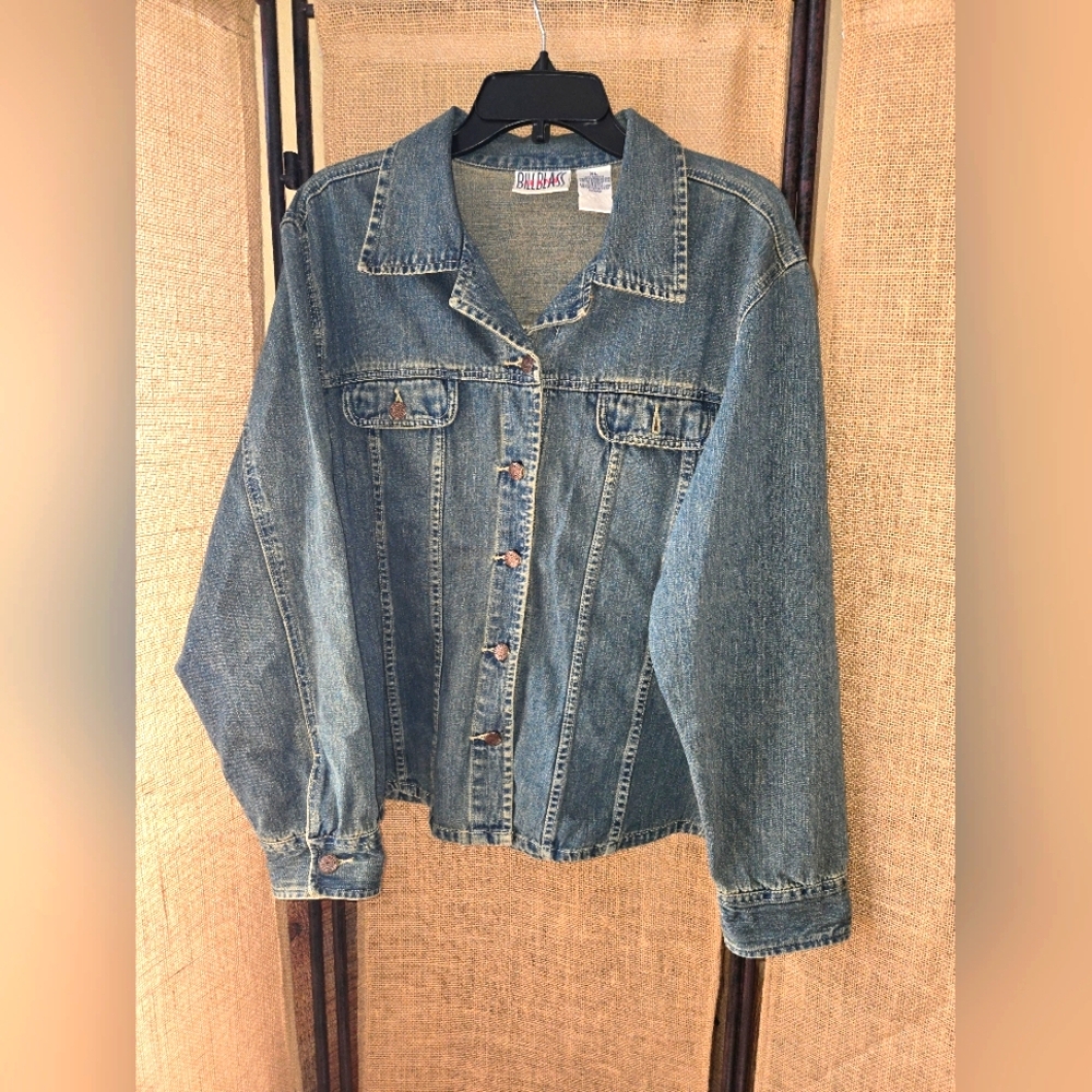 Women's Bill Blass Blue Denim Jacket Rhinestone Cross Y2k Size XL - Picture 1 of 12